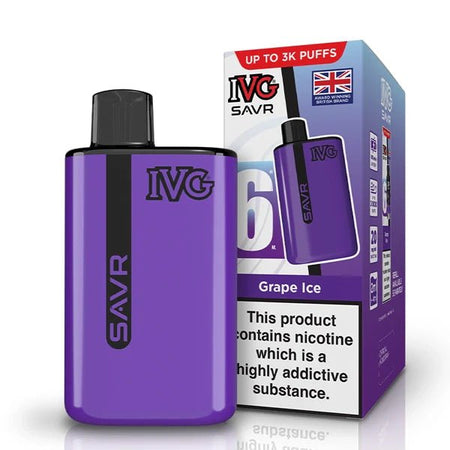 IVG SAVR vape kit grape ice device and packaging on a white background - uk vape sales