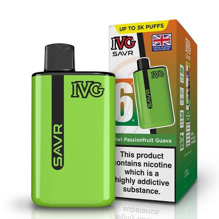 IVG SAVR vape kit kiwi passionfruit guava device and packaging on a white background - uk vape sales
