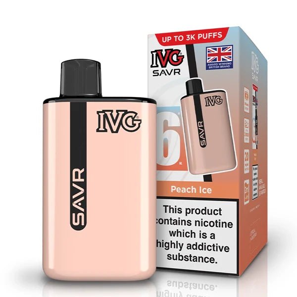 IVG SAVR vape kit peach ice device and packaging on a white background - uk vape sales