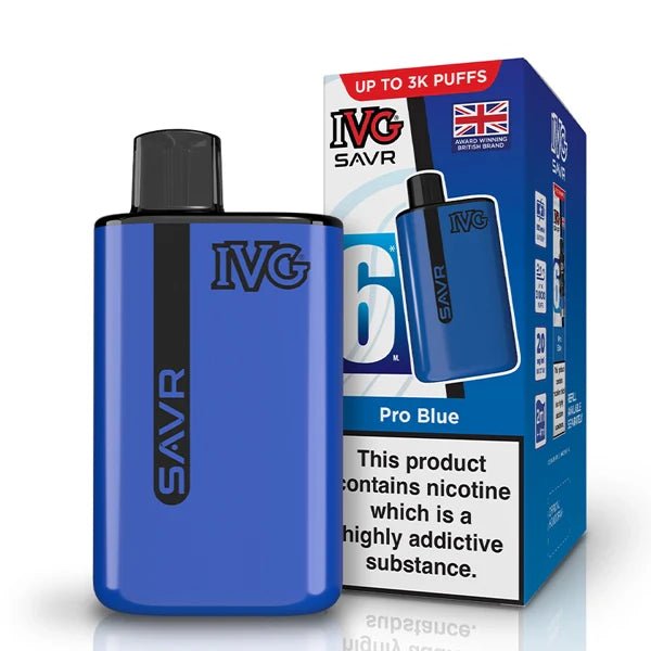 IVG SAVR vape kit pro blue device and packaging on a white background - uk vape sales