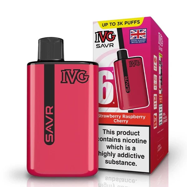 IVG SAVR vape kit strawberry raspberry cherry device and packaging on a white background - uk vape sales