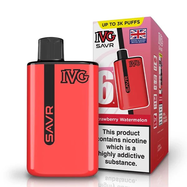 IVG SAVR vape kit strawberry watermelon device and packaging on a white background - uk vape sales