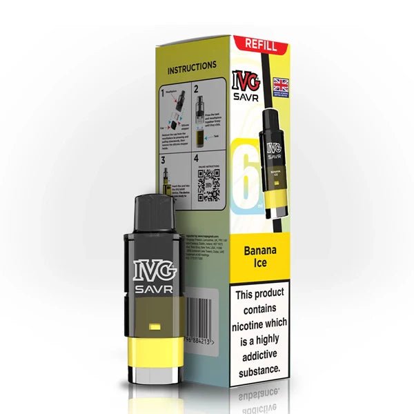IVG SAVR Refill Pods banana ice with packaging on a white background - uk vape sales