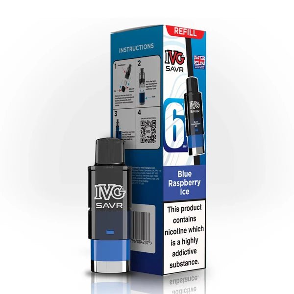 IVG SAVR Refill Pods blue raspberry ice with packaging on a white background - uk vape sales