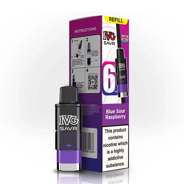 IVG SAVR Refill Pods blue sour raspberry with packaging on a white background - uk vape sales