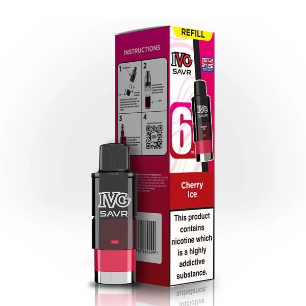 IVG SAVR Refill Pods cherry ice with packaging on a white background - uk vape sales