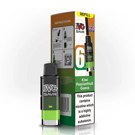 IVG SAVR Refill Pods kiwi passionfruit guava with packaging on a white background - uk vape sales