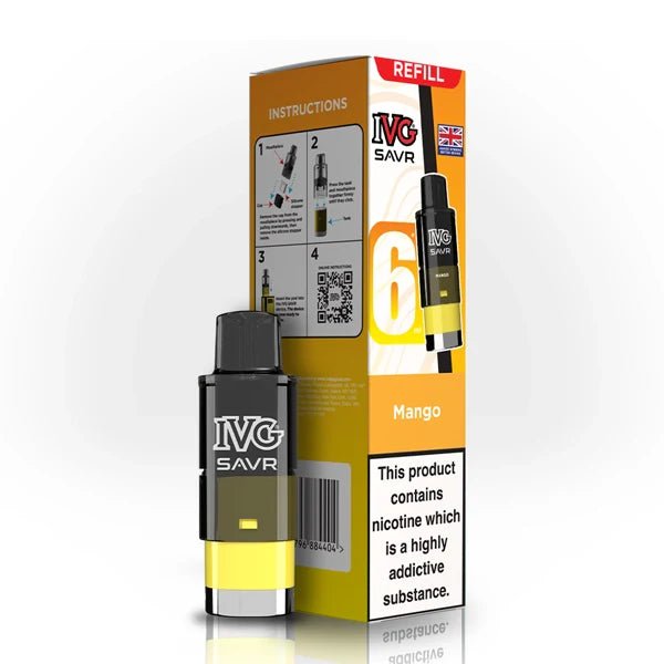 IVG SAVR Refill Pods mango with packaging on a white background - uk vape sales
