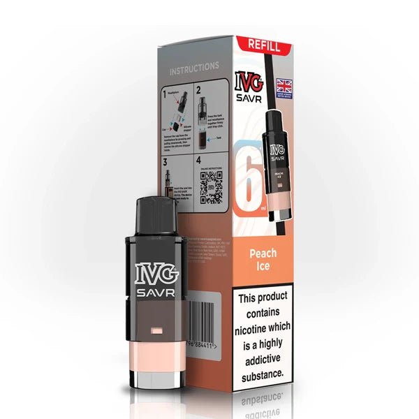 IVG SAVR Refill Pods peach ice with packaging on a white background - uk vape sales