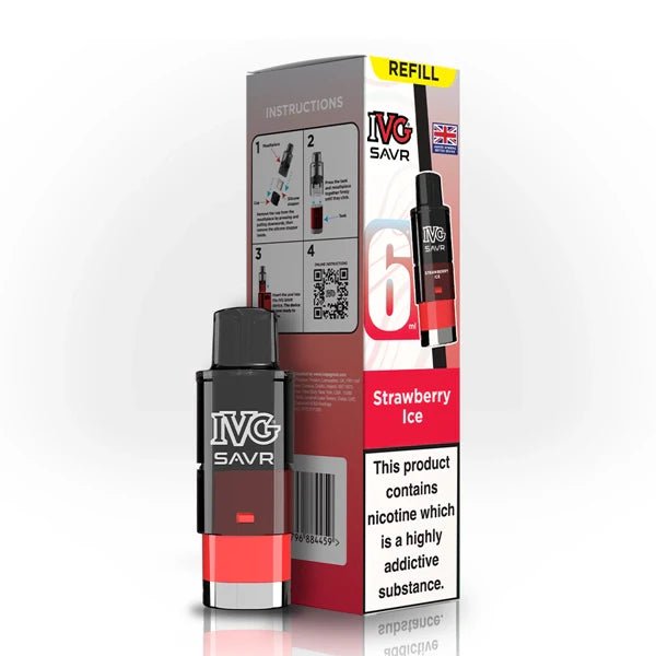 IVG SAVR Refill Pods strawberry ice with packaging on a white background - uk vape sales