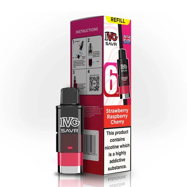 IVG SAVR Refill Pods strawberry raspberry cherry with packaging on a white background - uk vape sales