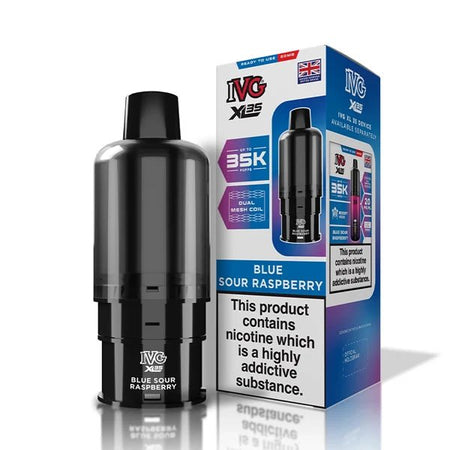 IVG XL 35K Refill Pods blue sour raspberry pod with packaging on a white background - uk vape sales