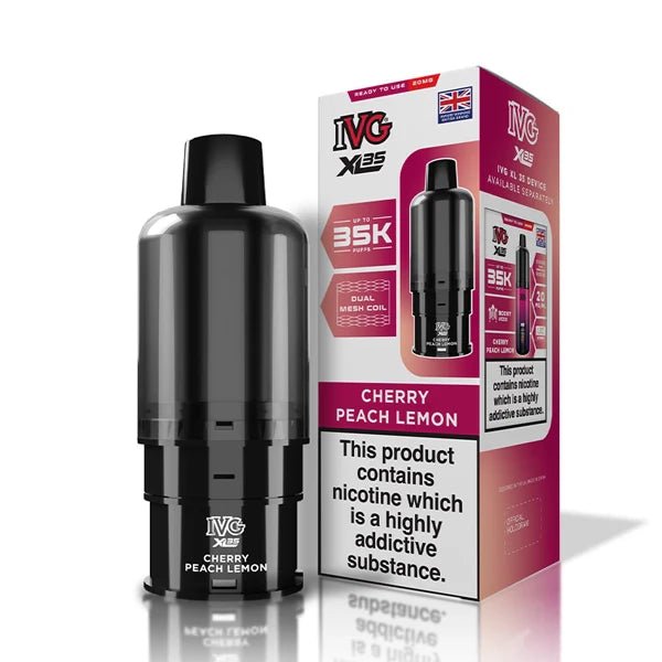 IVG XL 35K Refill Pods cherry peach lemon pod with packaging on a white background - UK vape sales