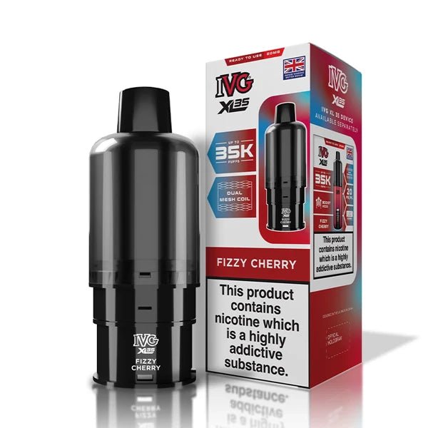 IVG XL 35K Refill Pods fizzy cherry pod with packaging on a white background - UK vape sales