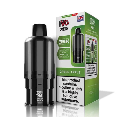IVG XL 35K Refill Pods green apple pod with packaging on a white background - UK vape sales
