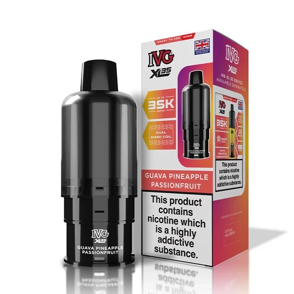 IVG XL 35K Refill Pods guava pineapple passionfruit pod with packaging on a white background - uk vape sales