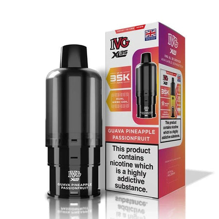 IVG XL 35K Refill Pods guava pineapple passionfruit pod with packaging on a white background - uk vape sales
