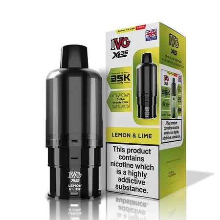 IVG XL 35K Refill Pods lemon & lime pod with packaging on a white background - uk vape sales