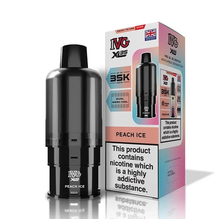 IVG XL 35K Refill Pods peach ice pod with packaging on a white background - uk vape sales