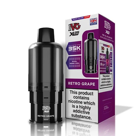 IVG XL 35K Refill Pods retro grape pod with packaging on a white background - uk vape sales