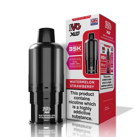 IVG XL 35K Refill Pods watermelon strawberry pod with packaging on a white background - uk vape sales