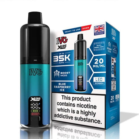 IVG XL 35K vape kit blue raspberry ice device and packaging on a white background - uk vape sales
