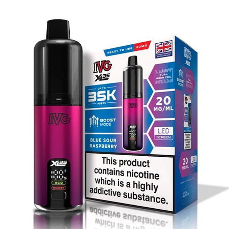 IVG XL 35K vape kit blue sour raspberry device and packaging on a white background - uk vape sales