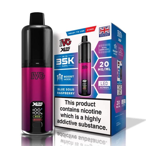IVG XL 35K vape kit blue sour raspberry device and packaging on a white background - uk vape sales
