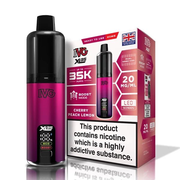 IVG XL 35K vape kit cherry peach lemon device and packaging on a white background - uk vape sales