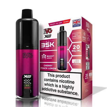 IVG XL 35K vape kit cherry peach lemon device and packaging on a white background - uk vape sales