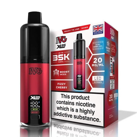 IVG XL 35K vape kit fizzy cherry device and packaging on a white background - uk vape sales
