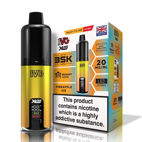 IVG XL 35K vape kit pineapple ice device and packaging on a white background - uk vape sales