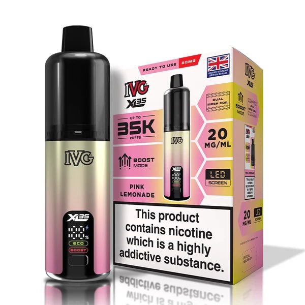 IVG XL 35K vape kit pink lemonade device and packaging on a white background - uk vape sales