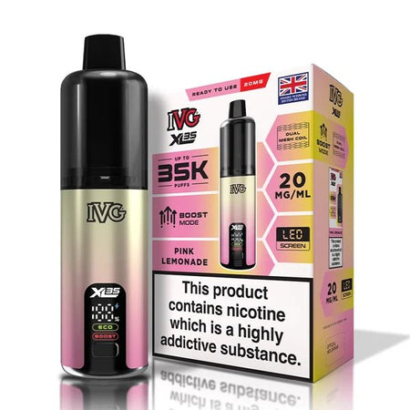 IVG XL 35K vape kit pink lemonade device and packaging on a white background - uk vape sales