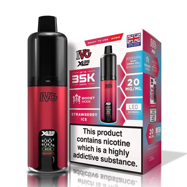 IVG XL 35K vape kit strawberry ice device and packaging on a white background - uk vape sales