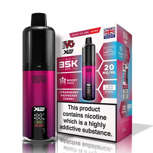 IVG XL 35K vape kit strawberry raspberry cherry device and packaging on a white background - uk vape sales