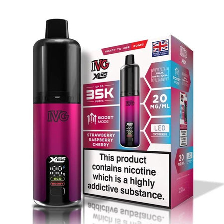 IVG XL 35K vape kit strawberry raspberry cherry device and packaging on a white background - uk vape sales