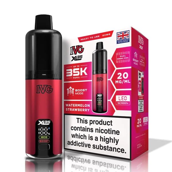 IVG XL 35K vape kit watermelon strawberry device and packaging on a white background - uk vape sales