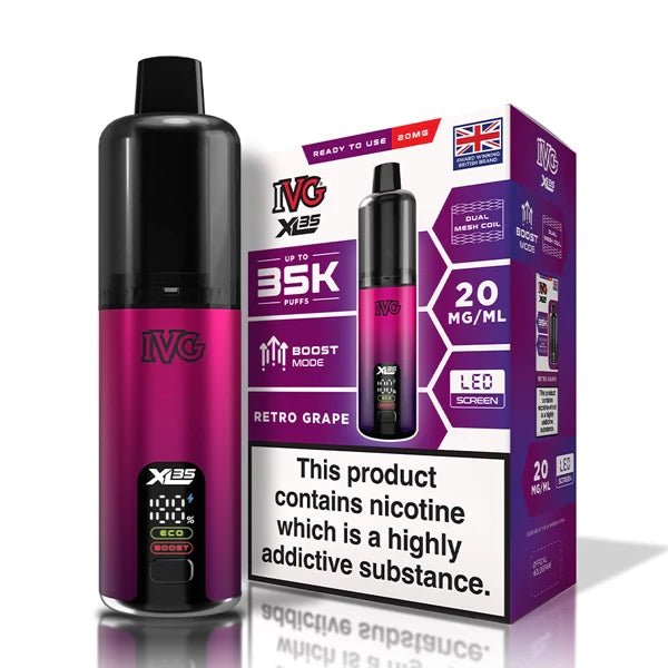 IVG XL 35K vape kit retro grape device and packaging on a white background - uk vape sales