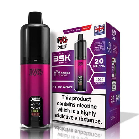 IVG XL 35K vape kit retro grape device and packaging on a white background - uk vape sales