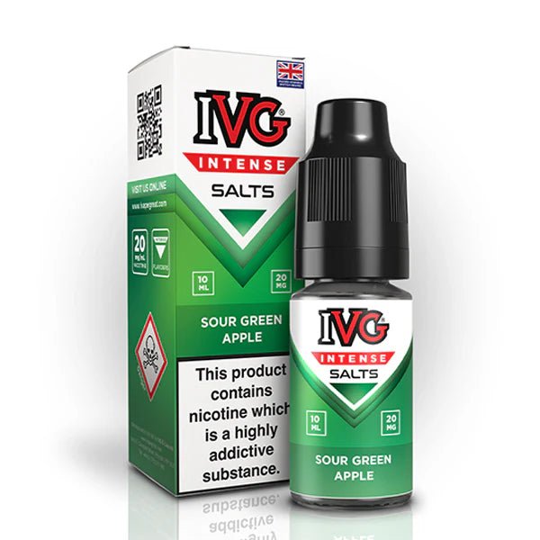 IVG Intense Nic Salts sour green apple 10ml nic salt bottle with packaging on white background - uk vape sale