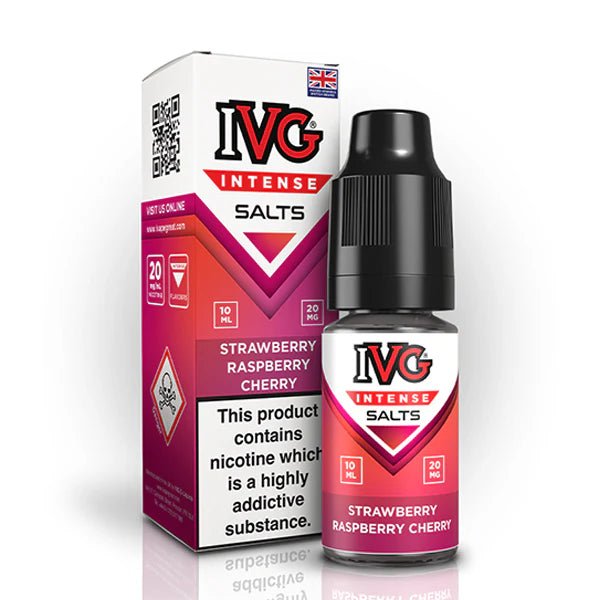 IVG Intense Nic Salts strawberry raspberry cherry 10ml nic salt bottle with packaging on white background - uk vape sale