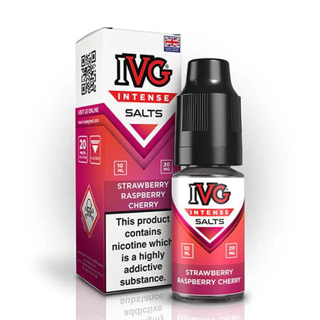 IVG Intense Nic Salts strawberry raspberry cherry 10ml nic salt bottle with packaging on white background - uk vape sale