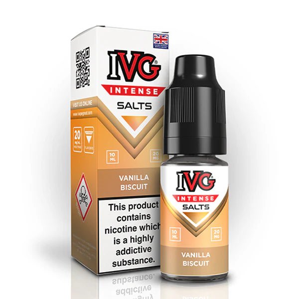 IVG Intense Nic Salts vanilla biscuit 10ml nic salt bottle with packaging on white background - uk vape sale