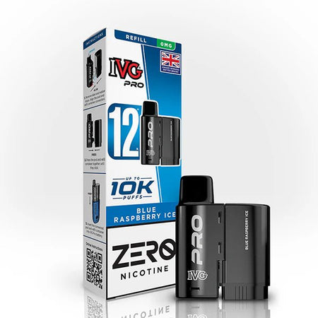 IVG Pro 12 Refill Pods blue raspberry ice 0mg pod with packaging on a white background - uk vape sales