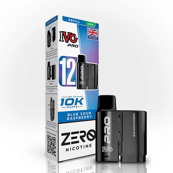 IVG Pro 12 Refill Pods blue sour raspberry 0mg pod with packaging on a white background - uk vape sales