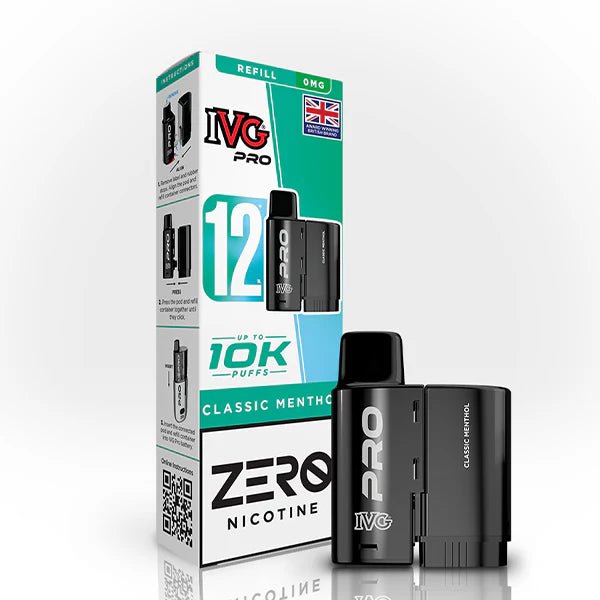 IVG Pro 12 Refill Pods classic menthol 0mg pod with packaging on a white background - uk vape sales