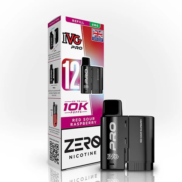 IVG Pro 12 Refill Pods red sour raspberry 0mg pod with packaging on a white background - uk vape sales