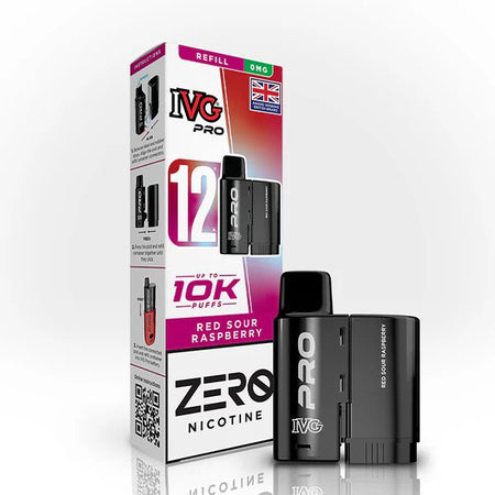 IVG Pro 12 Refill Pods red sour raspberry 0mg pod with packaging on a white background - uk vape sales
