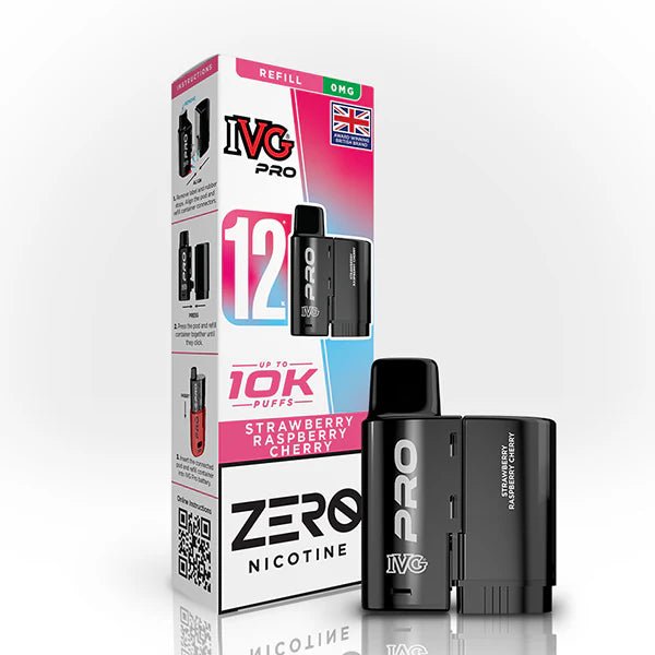 IVG Pro 12 Refill Pods strawberry raspberry cherry 0mg pod with packaging on a white background - uk vape sales